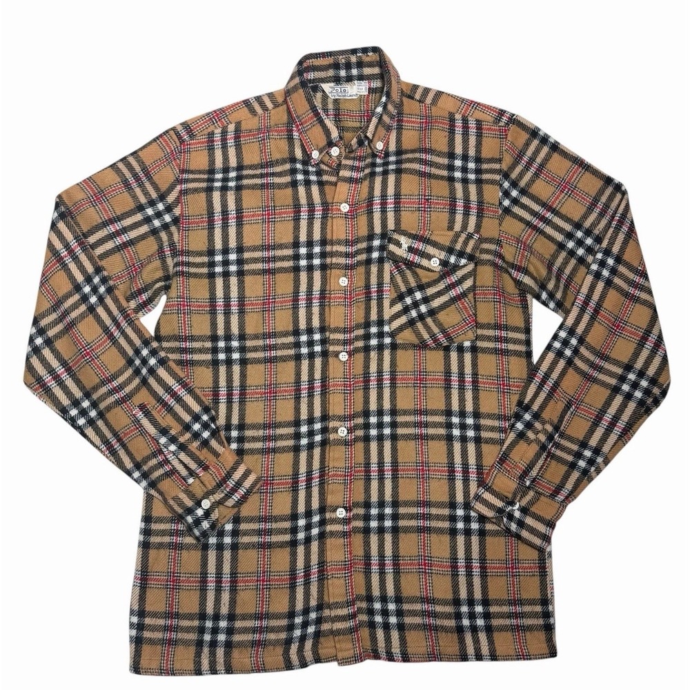 Vintage Polo Ralph Lauren Plaid Flannel Shirt Mens M Tan Red Black Button Down